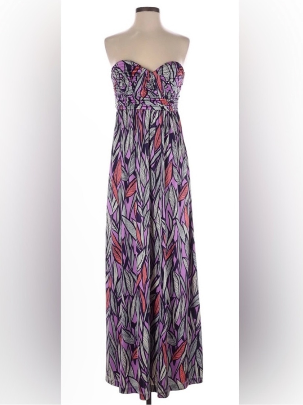 Gianni Bini Purple Leaf-Print Strapless Maxi Dress